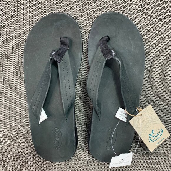 Chaco Men's Size 10 Classic Black Leather Flip Flop Toe Thong - Picture 1 of 9